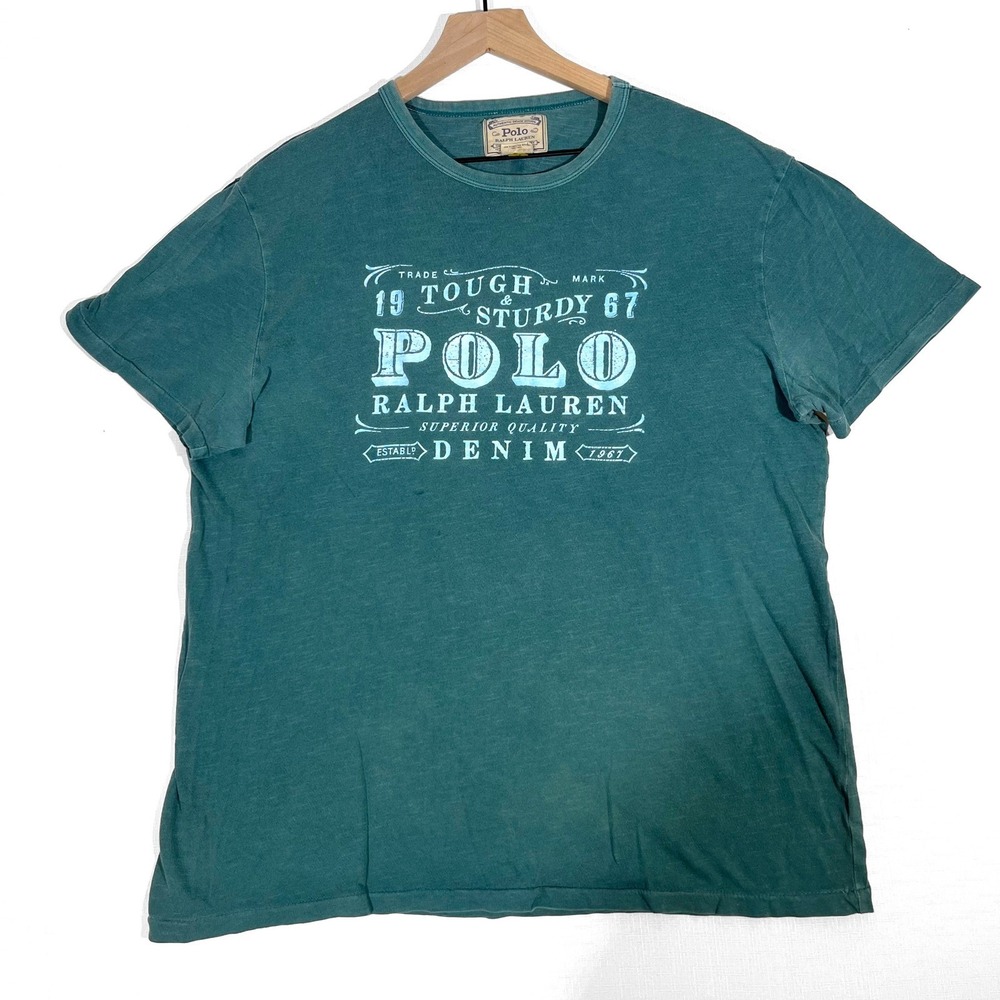 Polo Ralph Lauren Mens L Shirt Green Tough Sturdy Denim Graphic Tee Short Sleeve